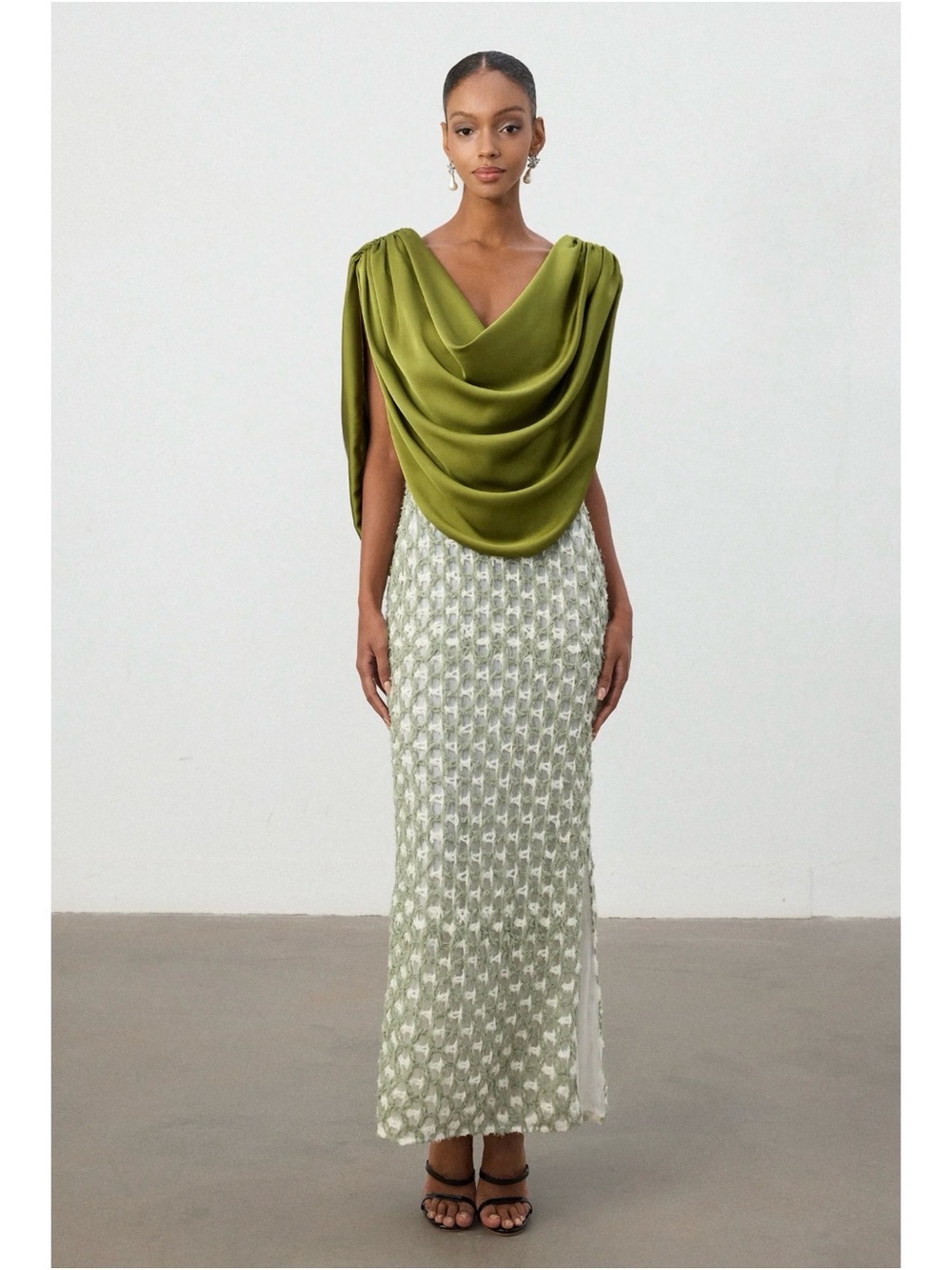 Olive Green Draped Top Cowl Column Maxi Dress - Women
